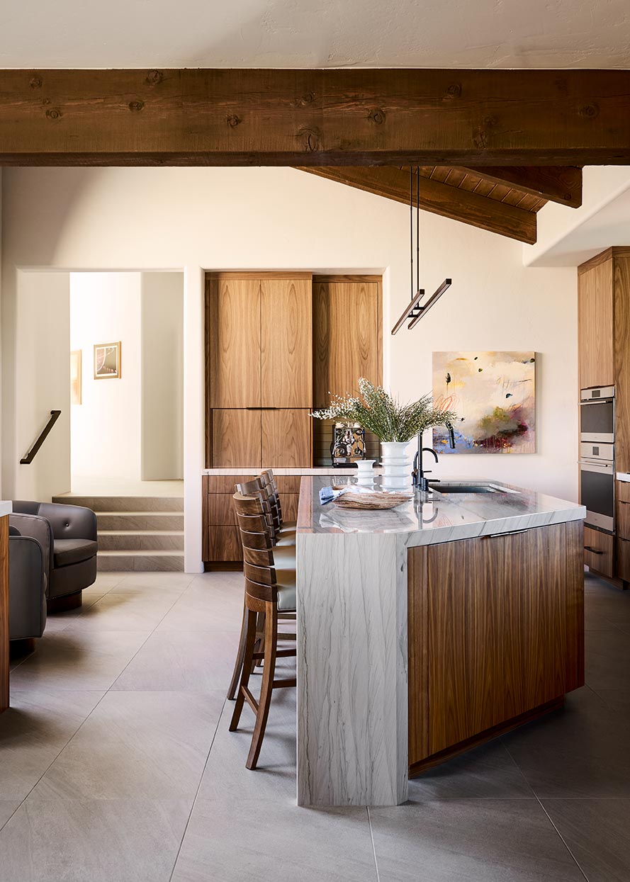 wood cabinets and kitchen paneling accents